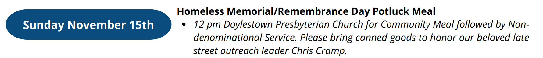 26-11-15 Sunday Homeless Memorial-Remembrance Day Potluck Meal - Click to see more details