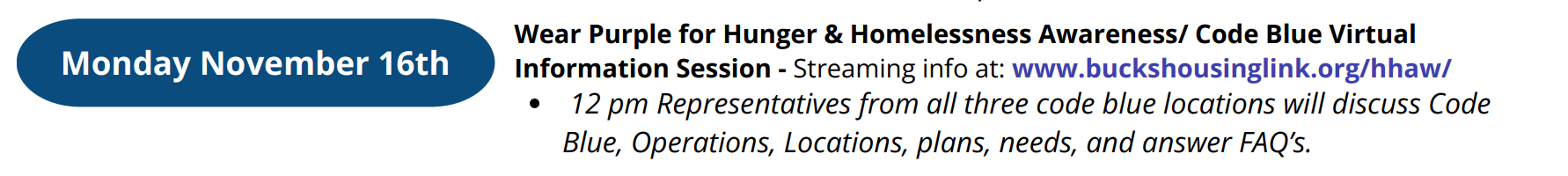 26-11-16 Monday Wear Purple for Hunger Homelessness Awareness Code Blue Virtual Info Session - Click to see more details