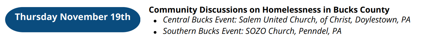26-11-19 Thursday Community Discussions on Homelessness in Bucks County - Salem United Church - Click to see more details